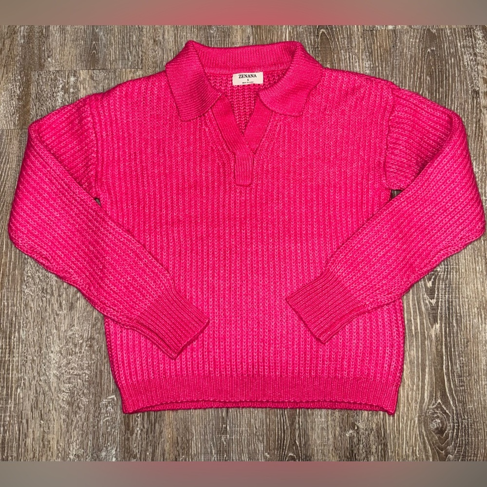 Zenana Outfitters V-Neck Sweater in Vibrant Pink